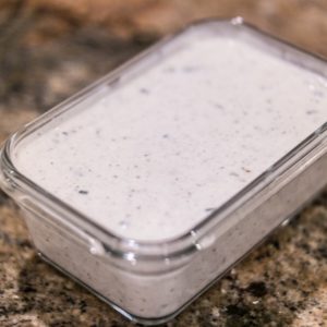 homemade ranch dressing and dip in a rectangular glass container