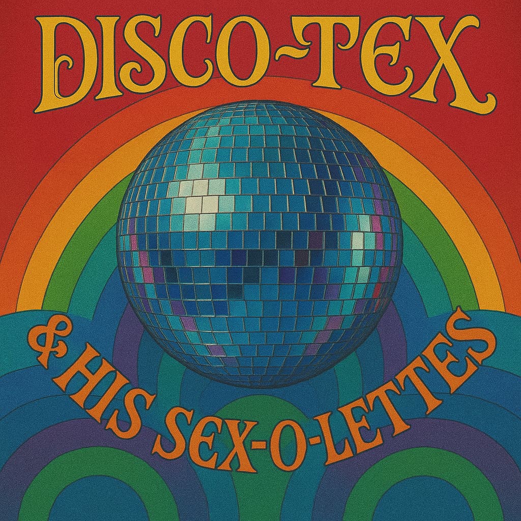 colorful image featuring a disco ball in the center surrounded by the text "Disco-Tex & His Sex-O-Lettes"