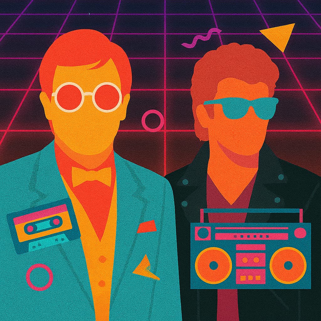 80's aesthetic graphic with two faceless men who favor Elton John and George Michael