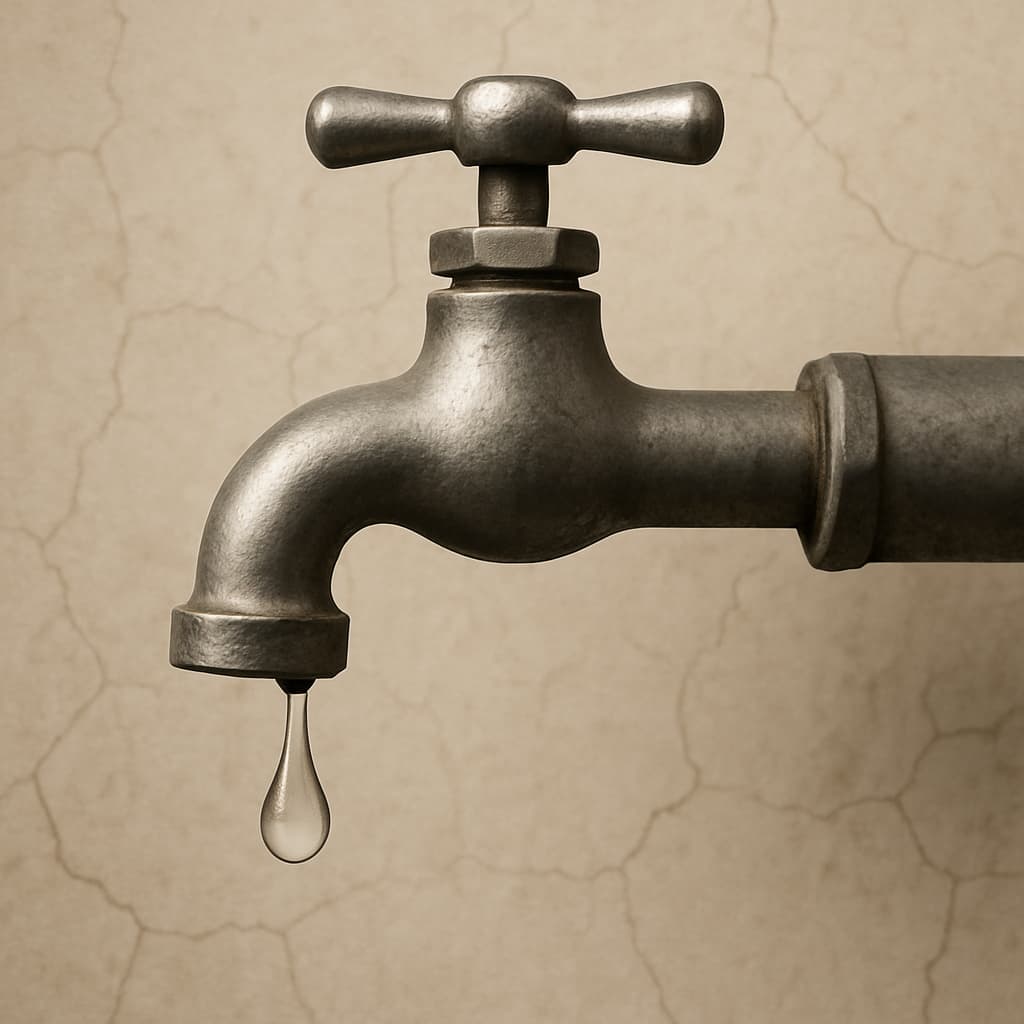 a faucet with one drop of water dripping
