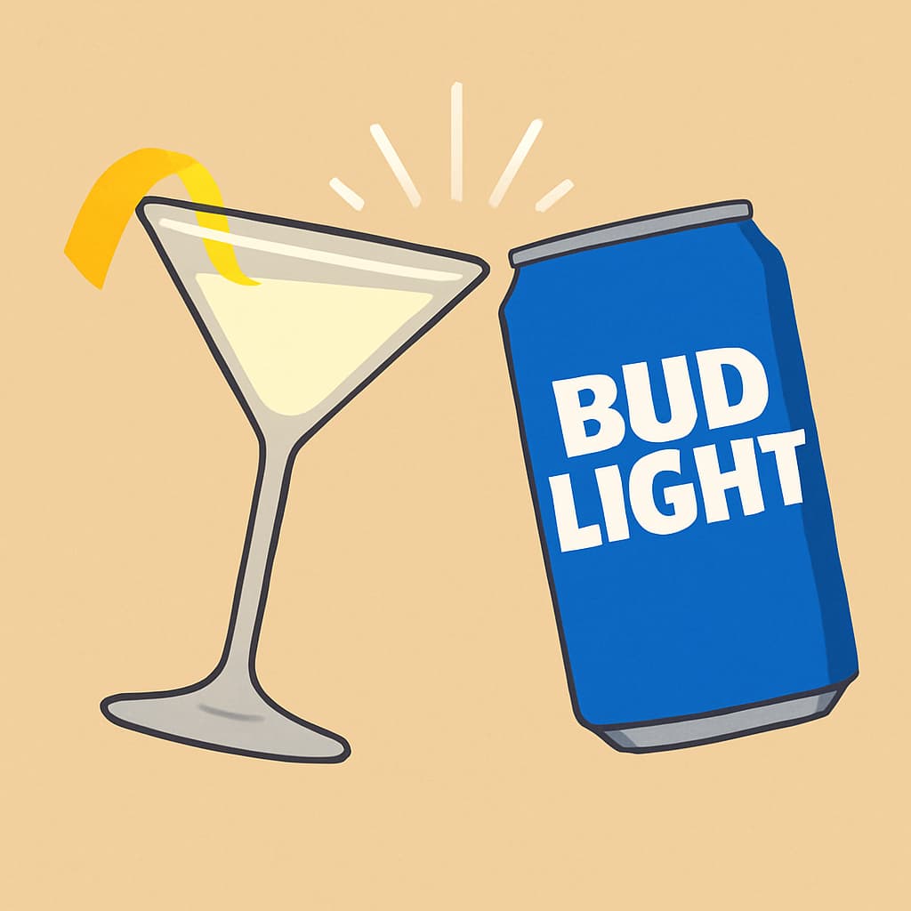 illustration of a martini clinking with a Bud Light beer as in a toast