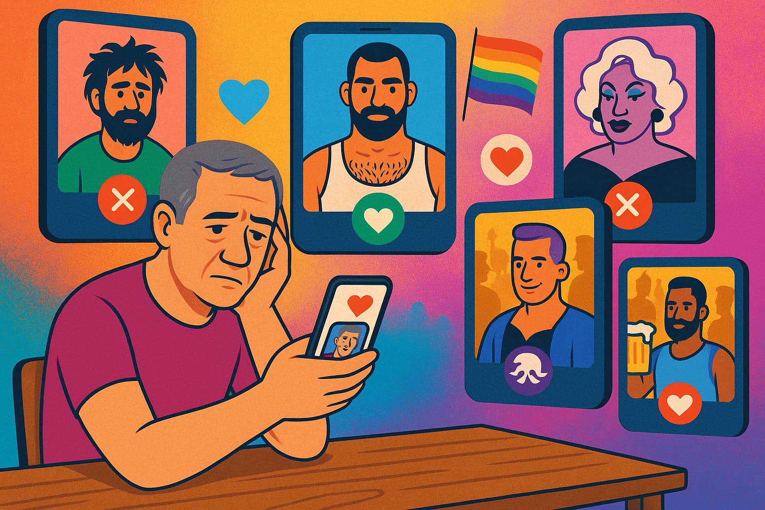 illustration of a man with gray hair looking at a dating app on his phone