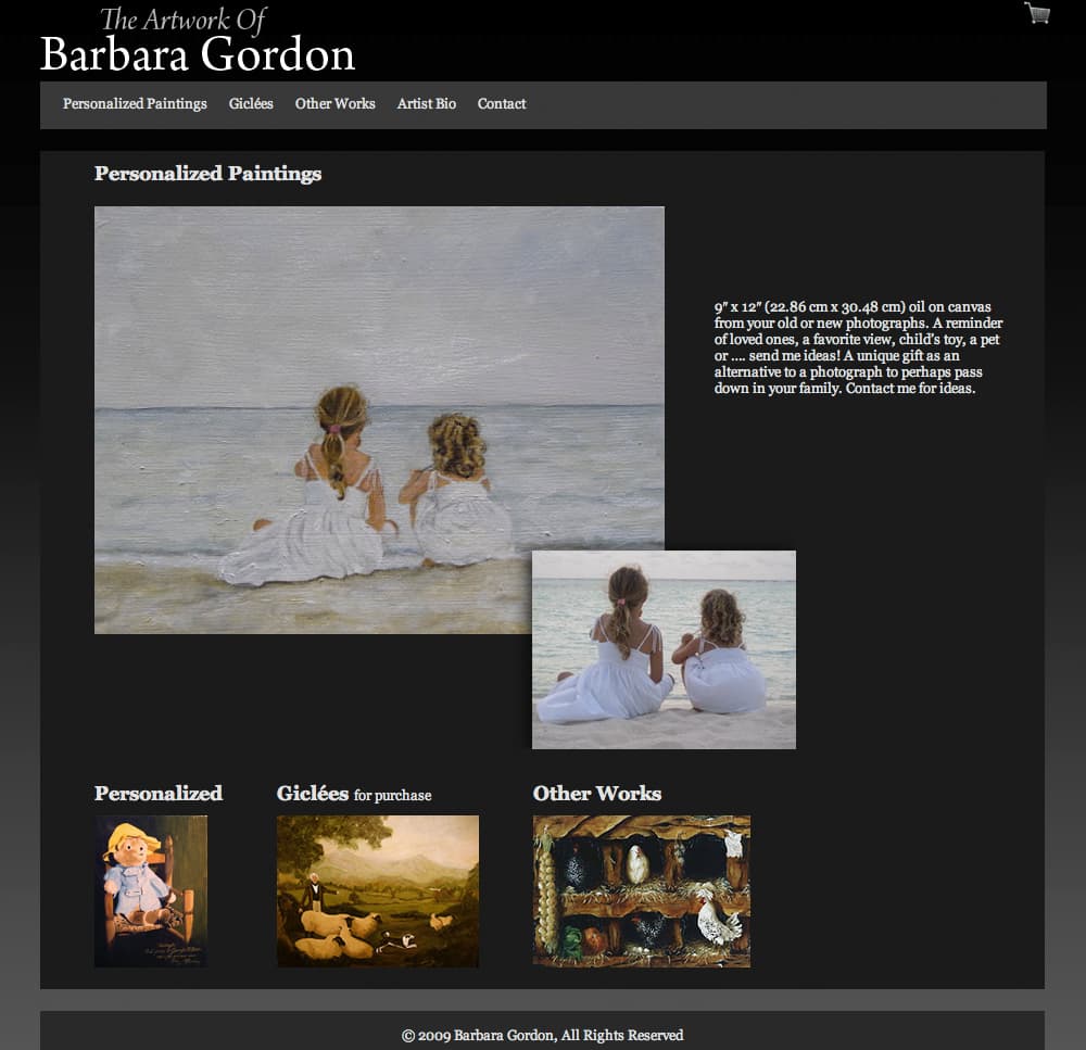 Homepage of the Artwork of Barbara Gordon website featuring a minimal dark background that highlights the artist’s vibrant abstract paintings. Designed by Paul Myrick.