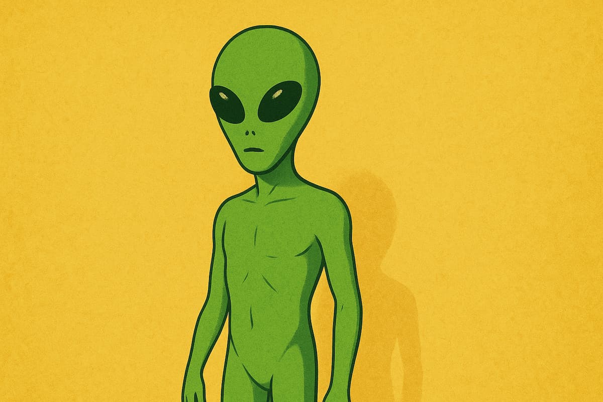Retro-style illustration of a green alien, unclothed but cartoonishly modest