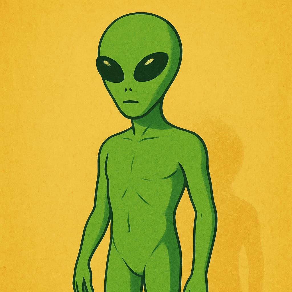 Retro-style illustration of a green alien, unclothed but cartoonishly modest