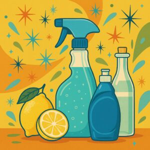 Mid-century modern illustration of a homemade cleaning spray bottle filled with light blue cleaner, surrounded by lemons, a blue detergent bottle, and a glass vinegar bottle on a colorful retro background with atomic starbursts and geometric shapes.