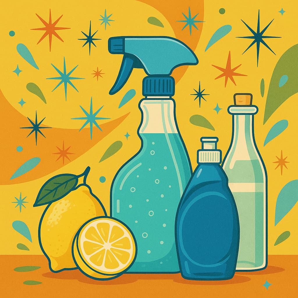 Mid-century modern illustration of a homemade cleaning spray bottle filled with light blue cleaner, surrounded by lemons, a blue detergent bottle, and a glass vinegar bottle on a colorful retro background with atomic starbursts and geometric shapes.