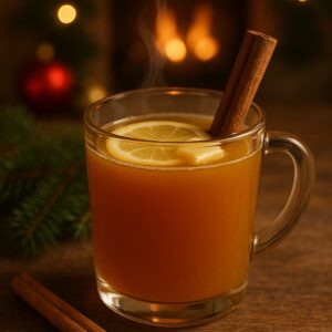 hot buttered bourbon in a glass mug sitting on a table in front of a fire and Christmas lights blurred in the background