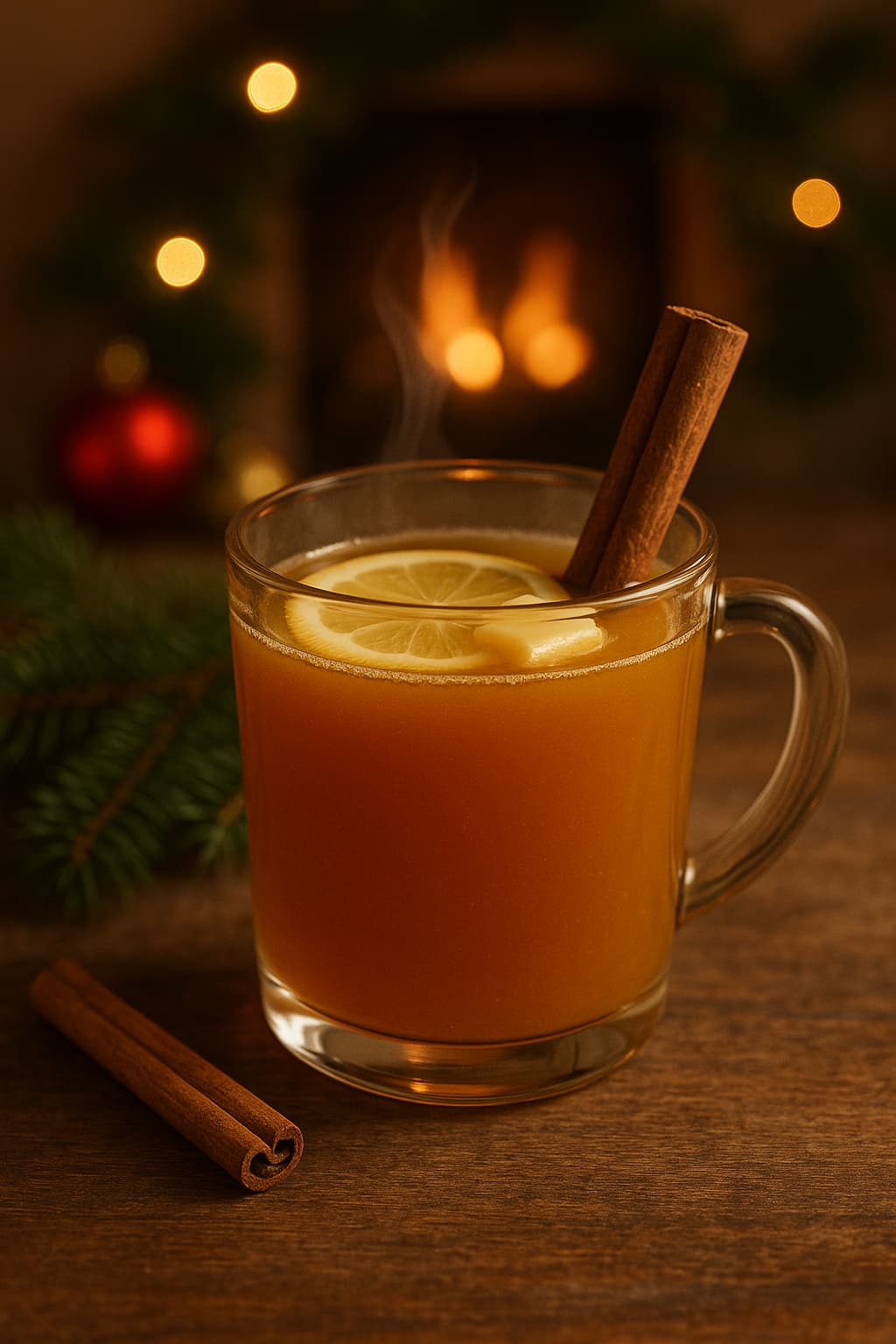 hot buttered bourbon in a glass mug sitting on a table in front of a fire and Christmas lights blurred in the background
