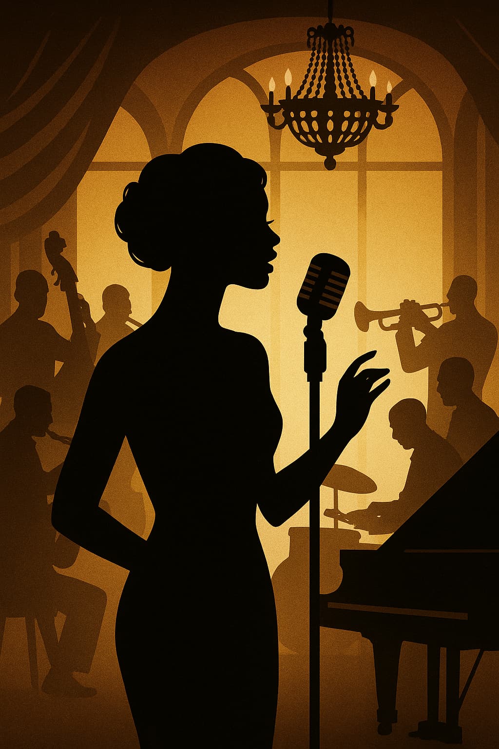 illustration of a jazz singer with an orchestra in an elegant night club