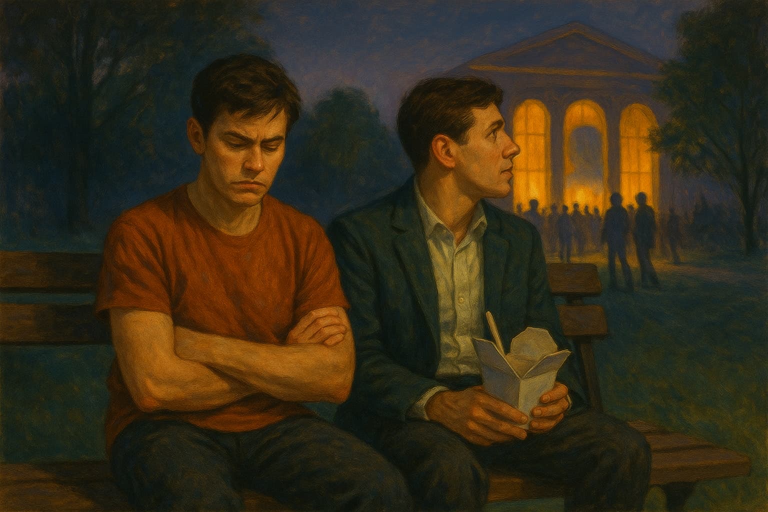 Two men sitting on a park bench in front of a theater, one is looking unhappy and the other is looking away into the distance while holding a food takeout container