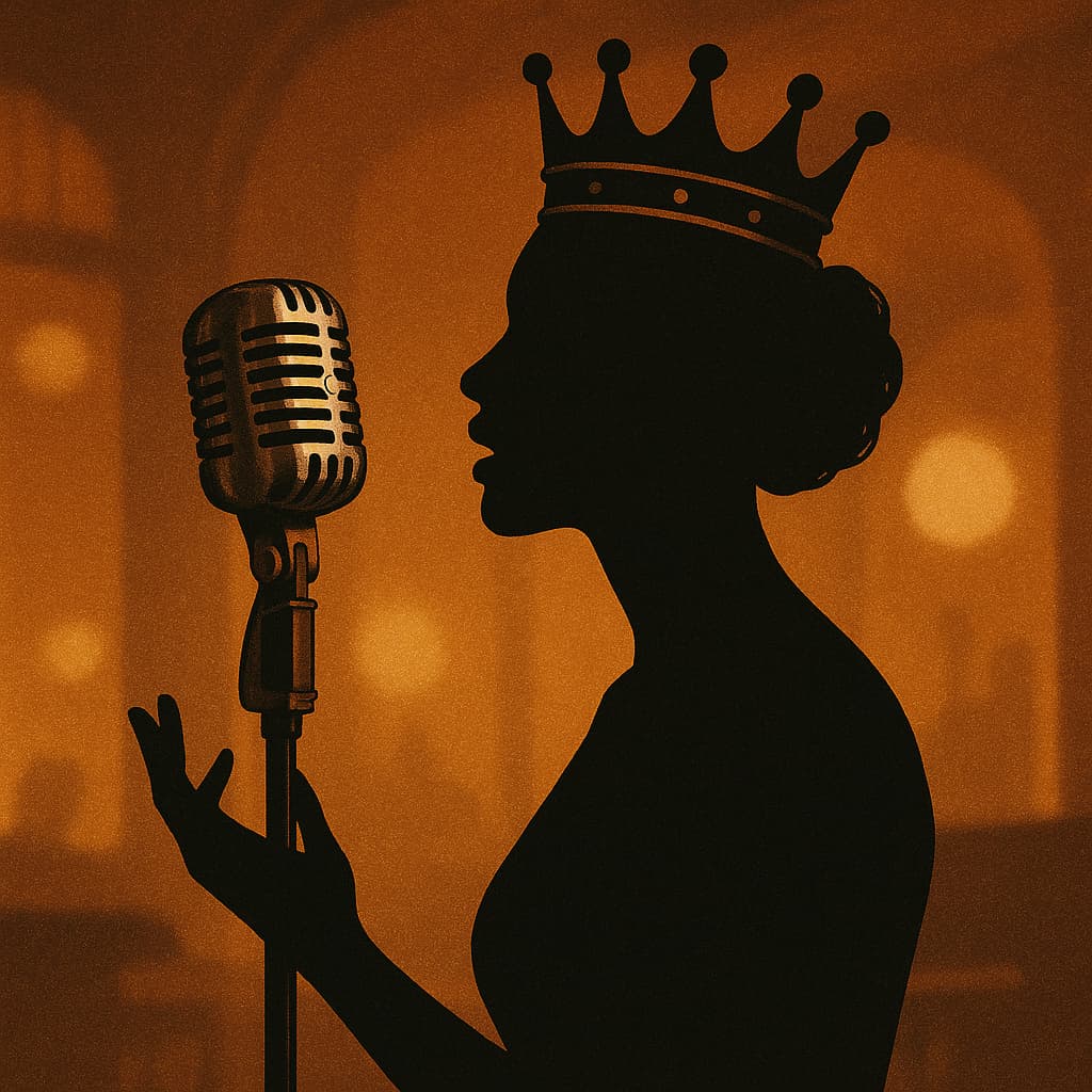 illustration of a woman in silhouette wearing a crown singing into a retro style chrome microphone in a jazz club setting