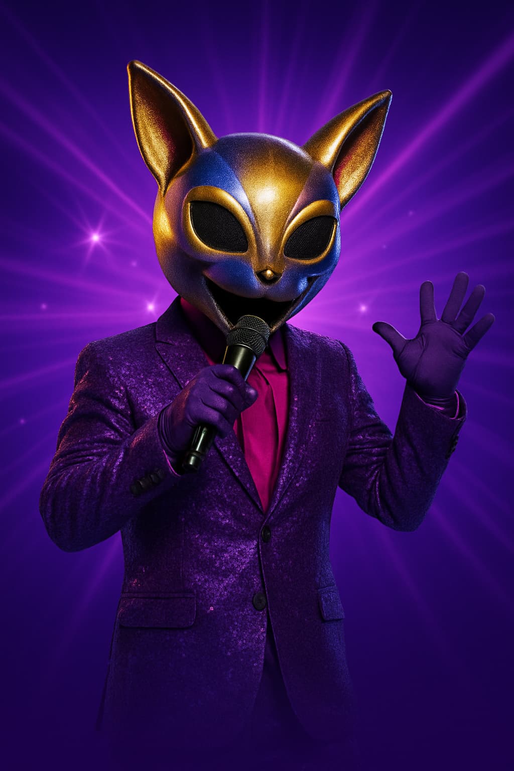 image of a person in a purple suit wearing a cat like mask