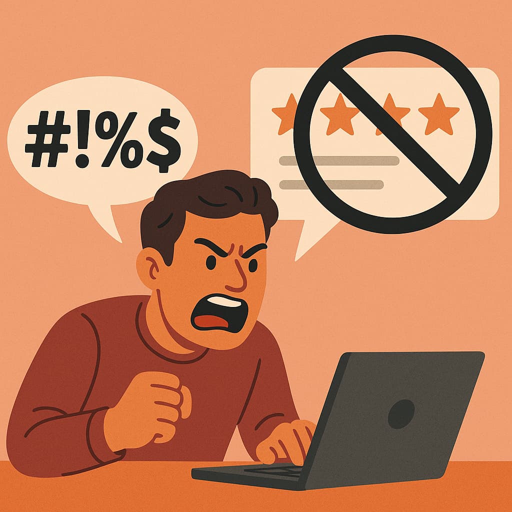 illustration of a laptop user cursing and swearing and giving a negative review online
