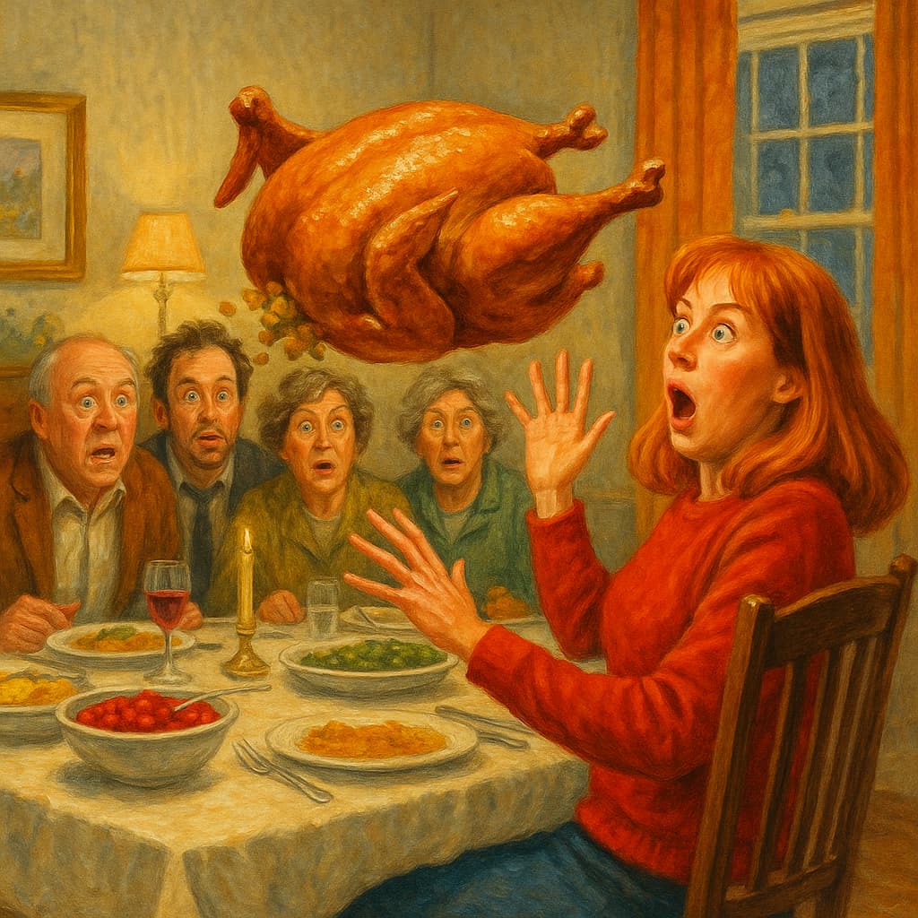 illustrated scene from Home for the Holidays movie - where the turkey flies across the dining table