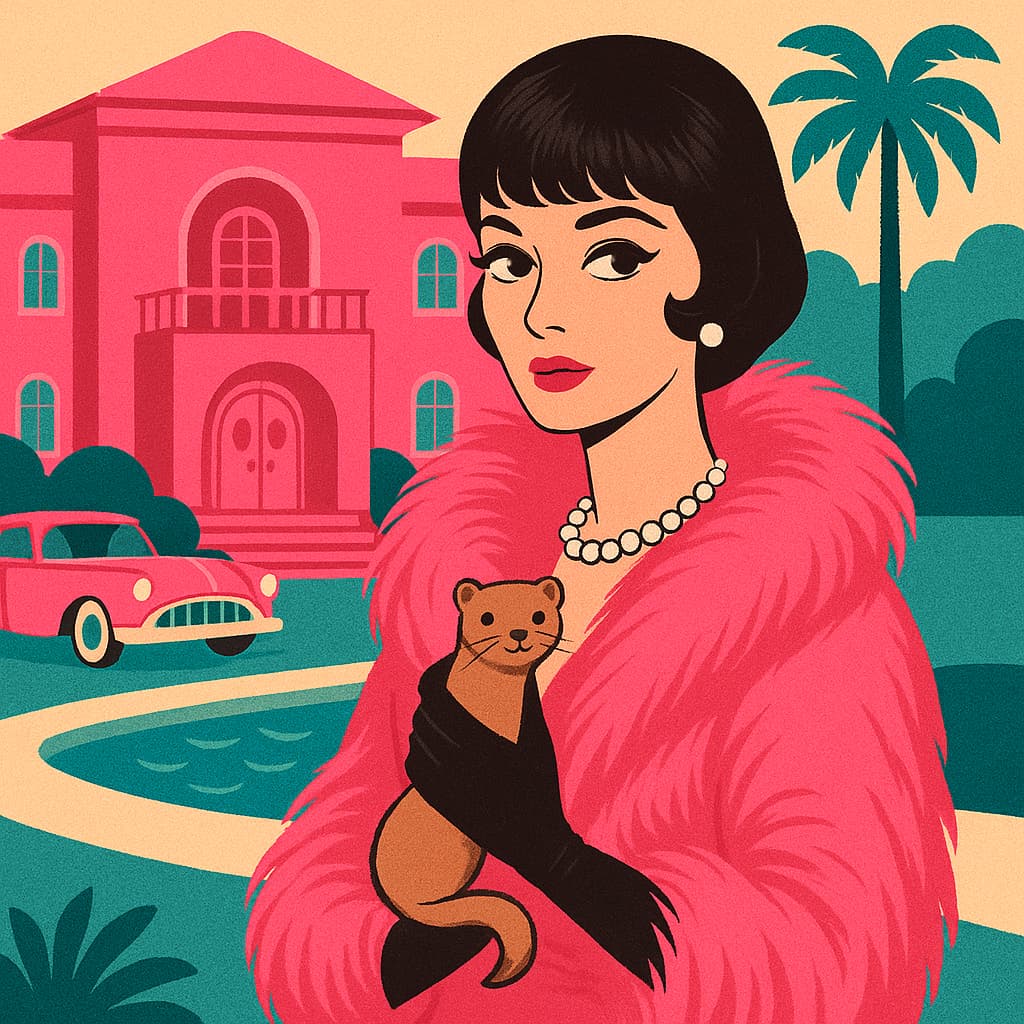 Mid-century pop art illustration of a glamorous woman in a pink fur coat holding a mink, standing before a pink mansion and vintage car inspired by What a Way to Go!