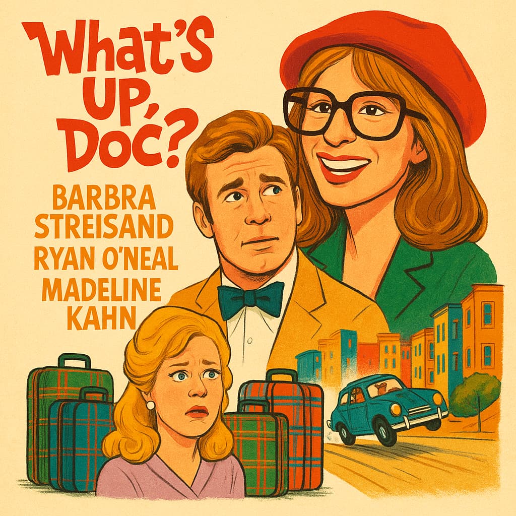 Illustration for What's Up Doc? featuring the characters of Judy, Howard and Eunice along with plaid luggage and a car chase in San Francisco