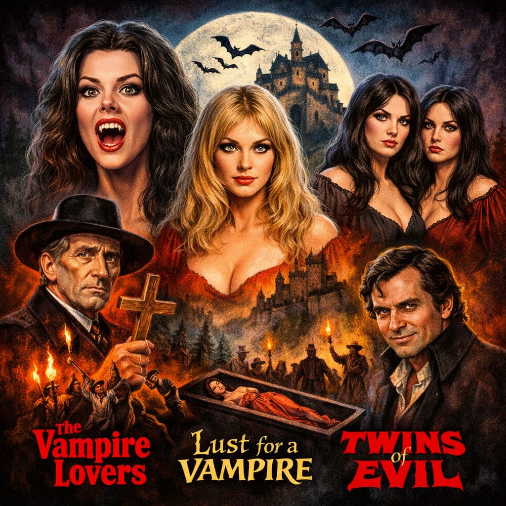 Illustration inspired by Hammer’s Karnstein Trilogy showing vampires, villagers with torches, a coffin, and a full moon.