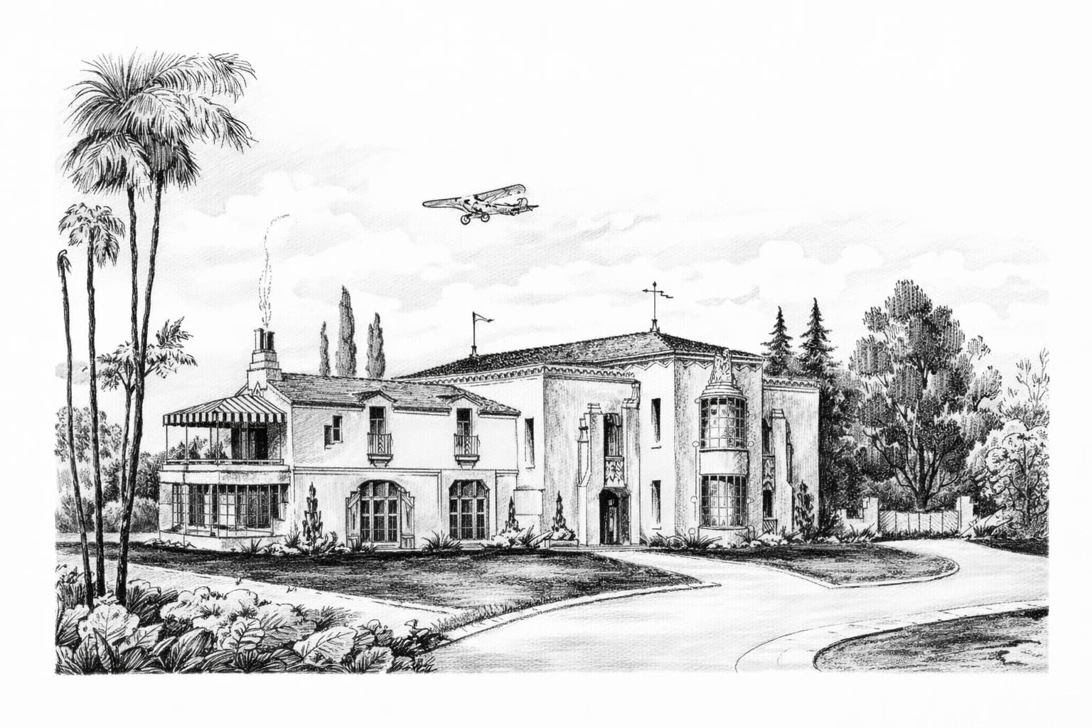1930s artist depiction sketch of a house with airplane hanger
