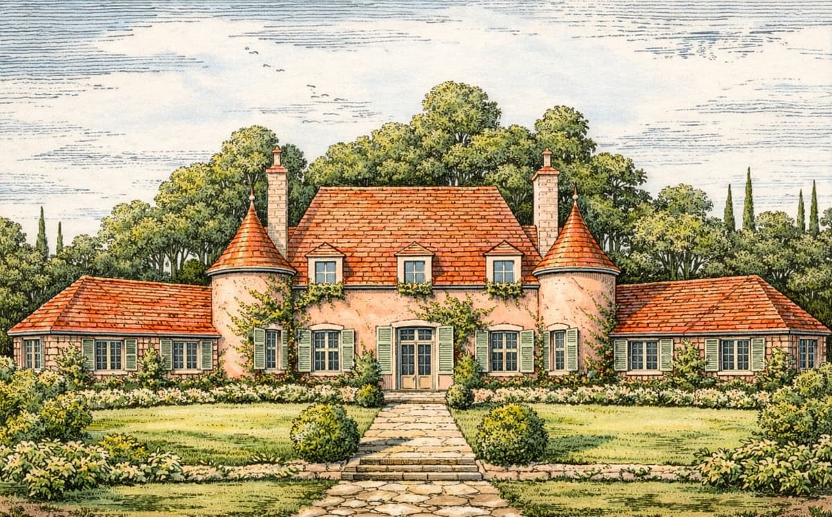 Colorized architectural elevation redrawn from plans of a French-style house designed by Francis Keally, published in House Beautiful magazine in October 1928.