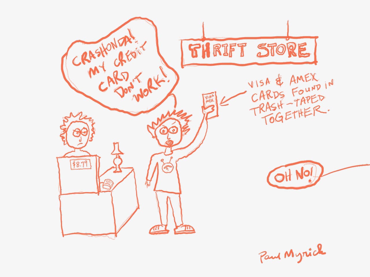 cartoon by Paul Myrick depicting a humorous scene in a thrift store