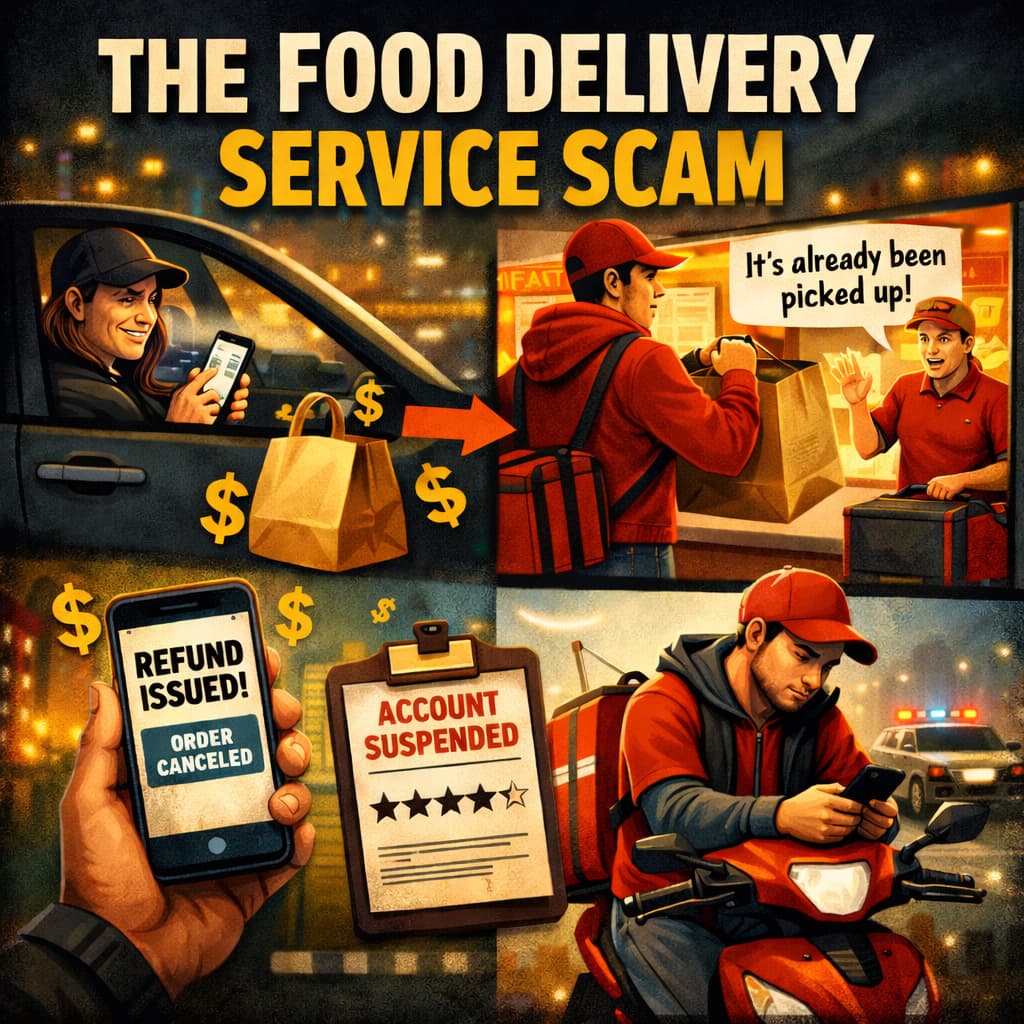 Illustration showing a food delivery scam involving a thief, a delivery driver, and a restaurant pickup counter
