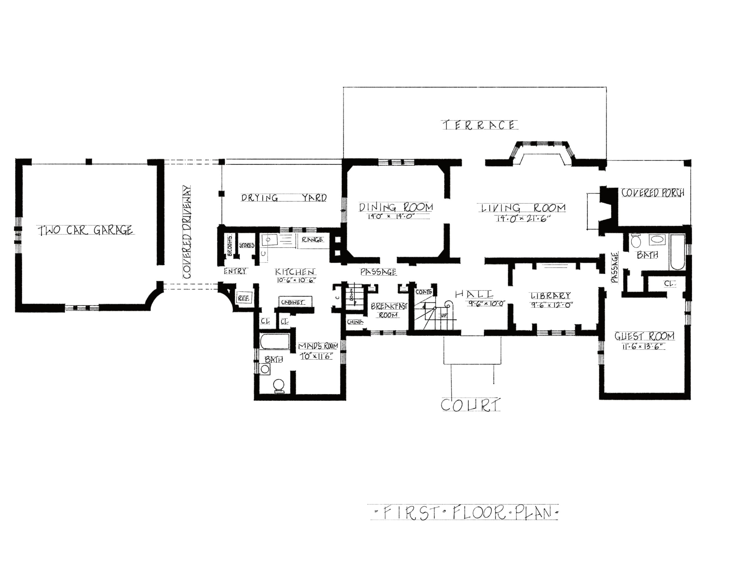 Redrawn first floor plan of a 1928 House Beautiful house, showing living room, dining room, kitchen, breakfast room, guest room, library, garage, and service areas