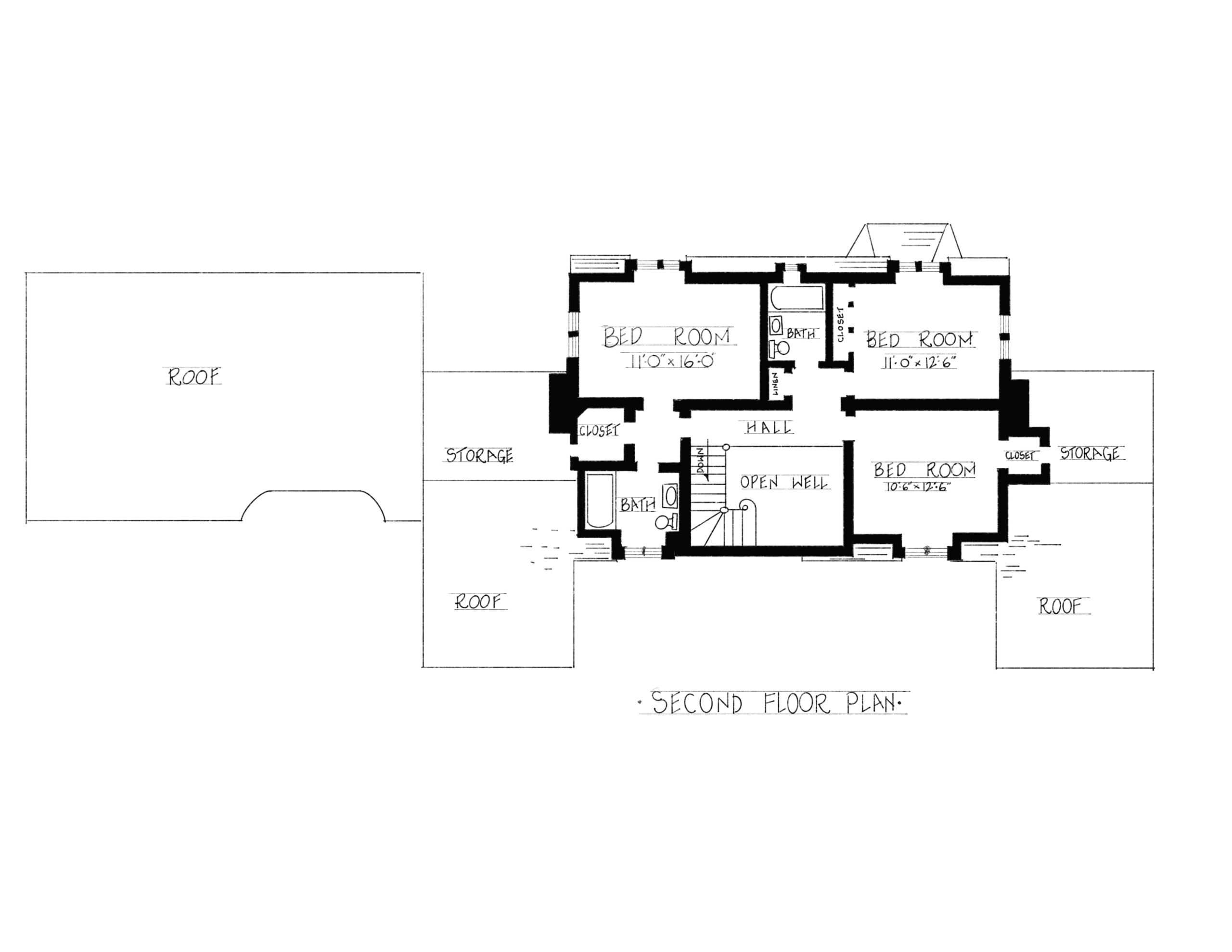 Redrawn second floor plan of a 1928 House Beautiful house, showing multiple bedrooms, bathrooms, storage areas, and an open stair hall beneath the roof