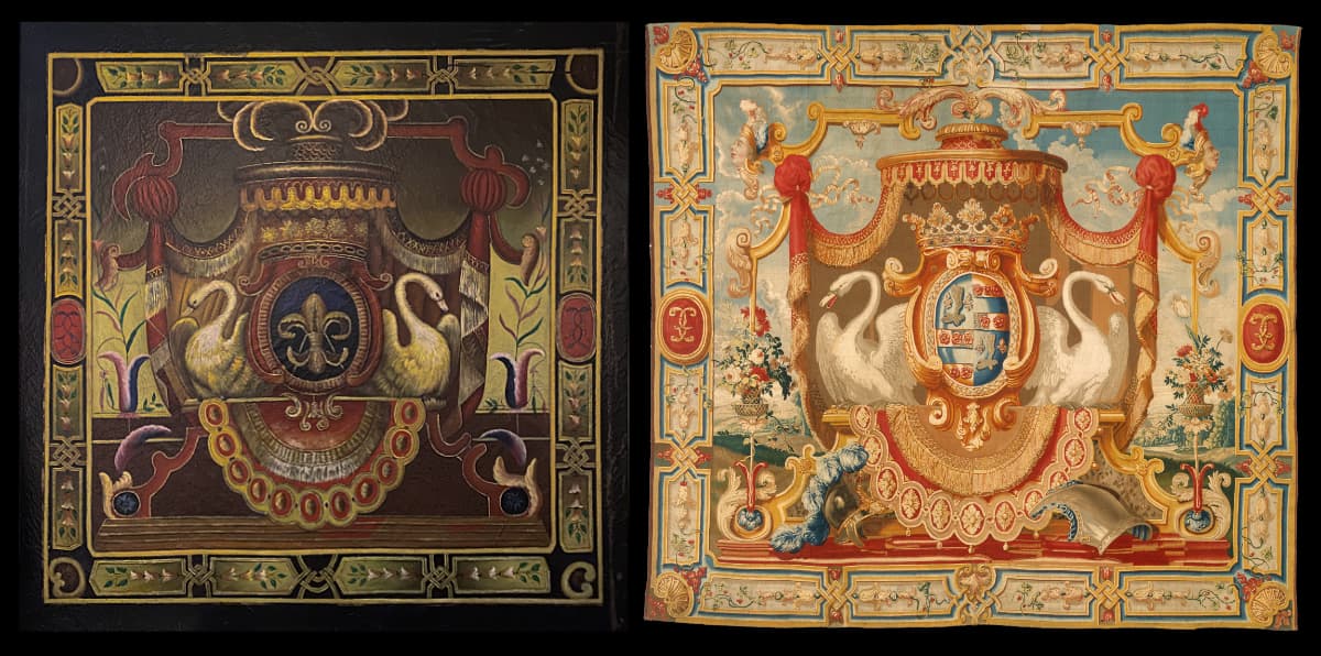 side by side composite arms of the greder family painting and tapestry