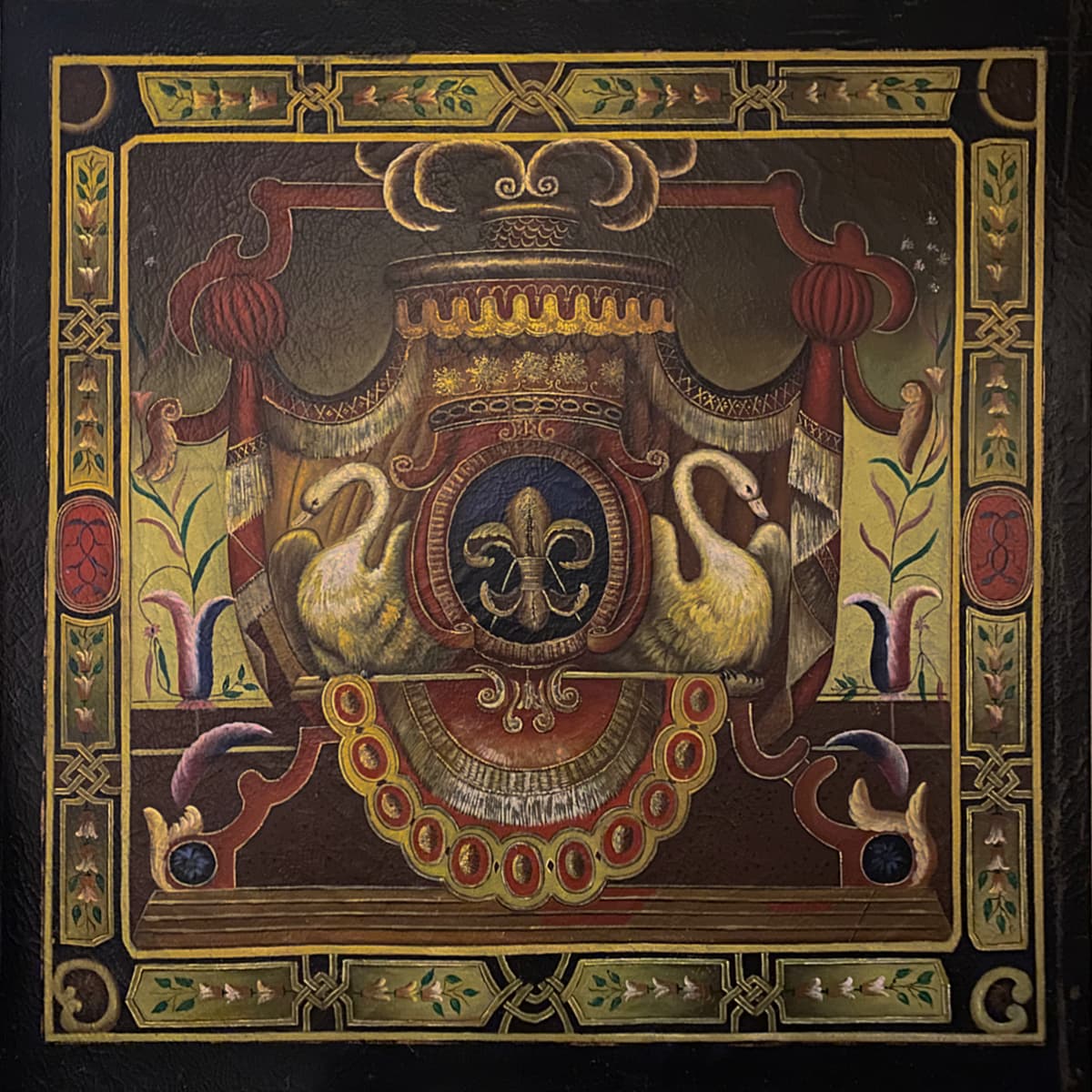 painting on a board inspired by the tapestry of Arms of the Greder Family of Solothurn, Switzerland