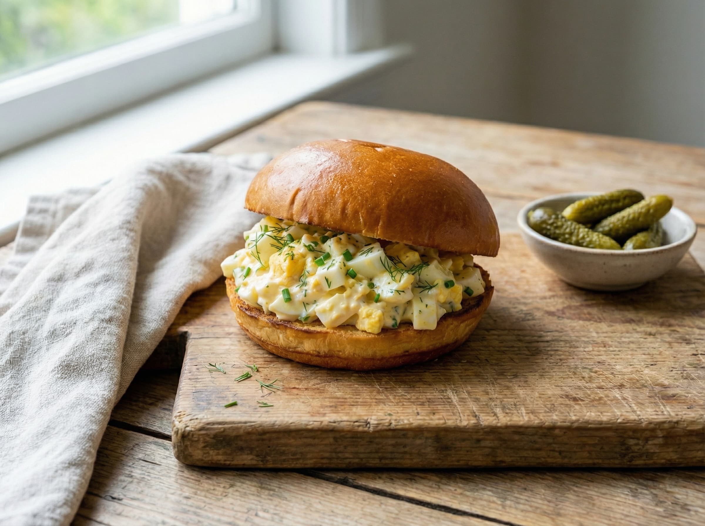 road trip food - photo of an egg salad sandwich on a brioche bun