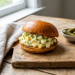 photo of egg salad sandwich on brioche bun